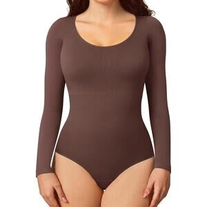 BRABIC L/S Bodysuit, Shapewear Seamless Round Neck Body Shaper, Brown, XL (12)